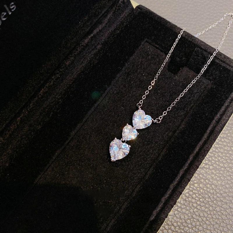 Three Heart Pendant Silver Necklace Bling CZ Zirconia Chain