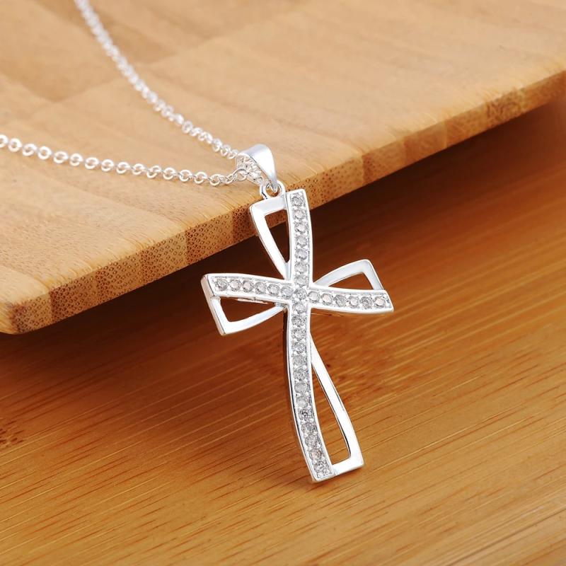 925 Silver Cross CZ Pendant Necklace Romantic Jewelry