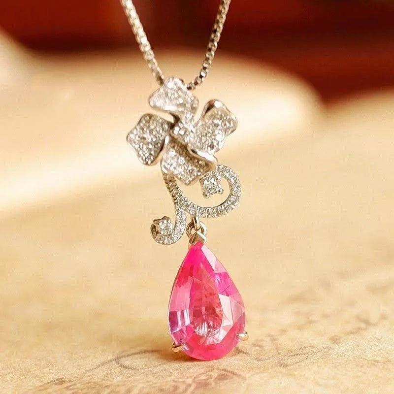 925 Silver Water Drop Flower Pendant Pink Diamond Zircon Necklace