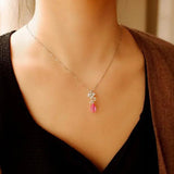 925 Silver Water Drop Flower Pendant Pink Diamond Zircon Necklace