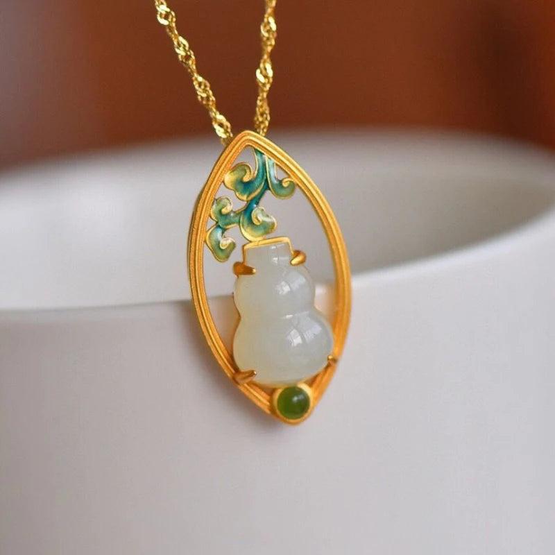 Ancient Hetian Jade Gourd Necklace Enamel Pendant Charm Jewelry