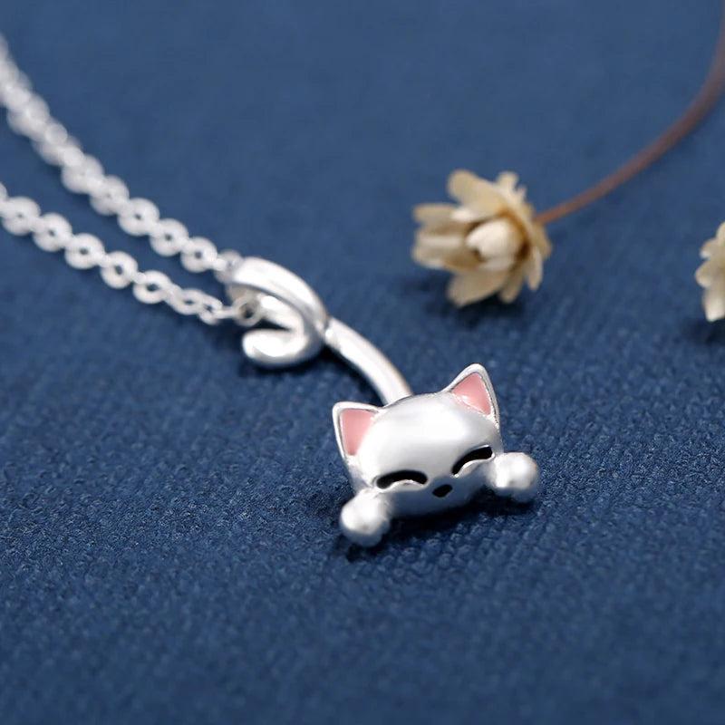 925 Silver Cat Pendant Necklace Choker Gift Jewelry