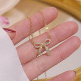 14K Bowknot Pendant Necklace Zircon Stone Fashion Jewelry