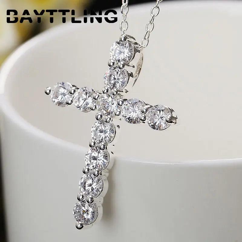 925 Silver Zircon Cross Necklace Women's Charm Engagement Party Gift