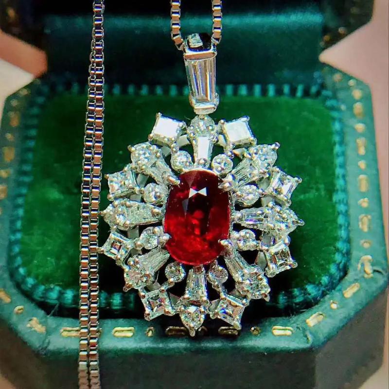 Vintage Lab Ruby Crystal Pendant Necklace Choker Silver Chains Jewelry