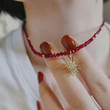 Faceted Red Spinel Beads Necklace with Sun Pendant Choker