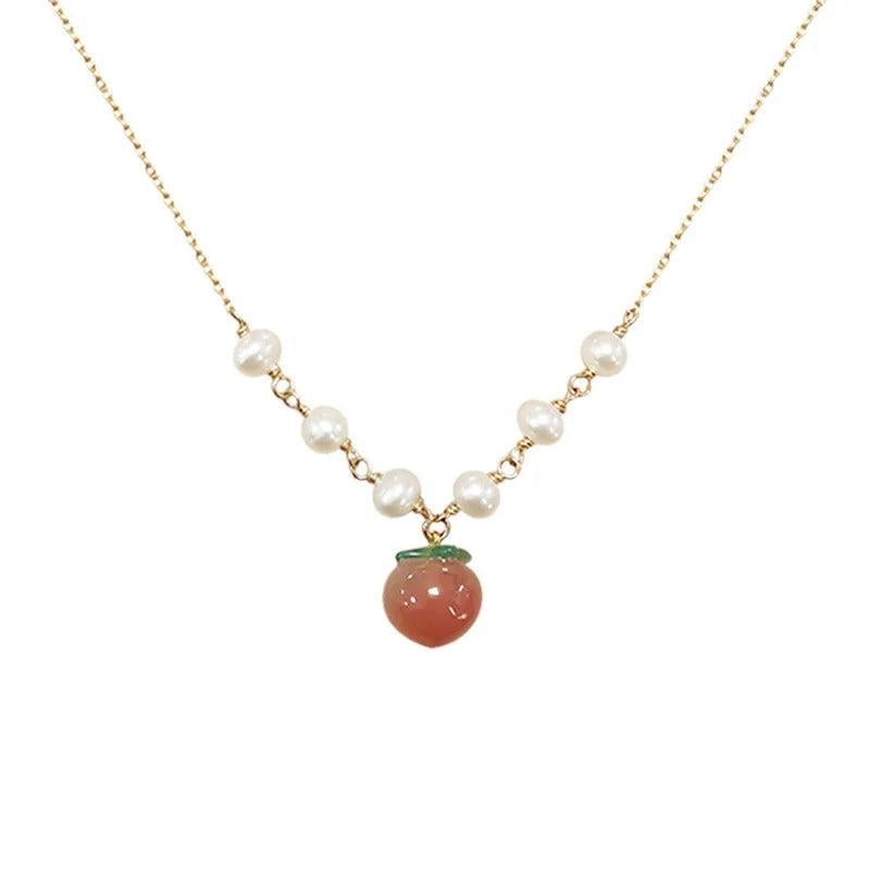 925 Silver 14K Chain Necklace Pearl Pink Peach Agate Pendant