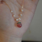 925 Silver 14K Chain Necklace Pearl Pink Peach Agate Pendant