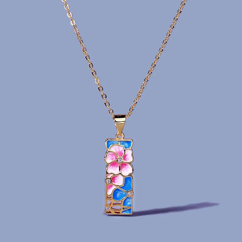Peach Blossom Flower Pendant Necklace Enamel Silver Chain Party Jewelry