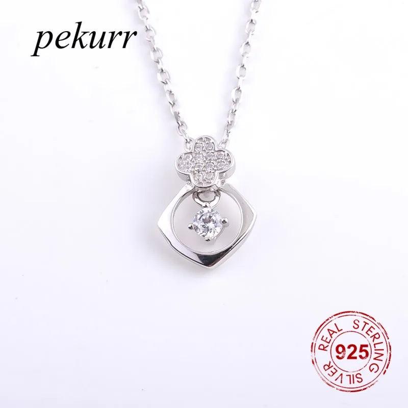 925 Silver 4 Leaf Clover Square Hoop Necklace Zircon Pendant Jewelry