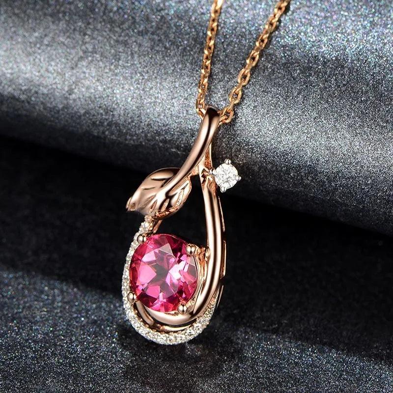 925 Silver Necklace with Ruby Zircon Leaf Pendant