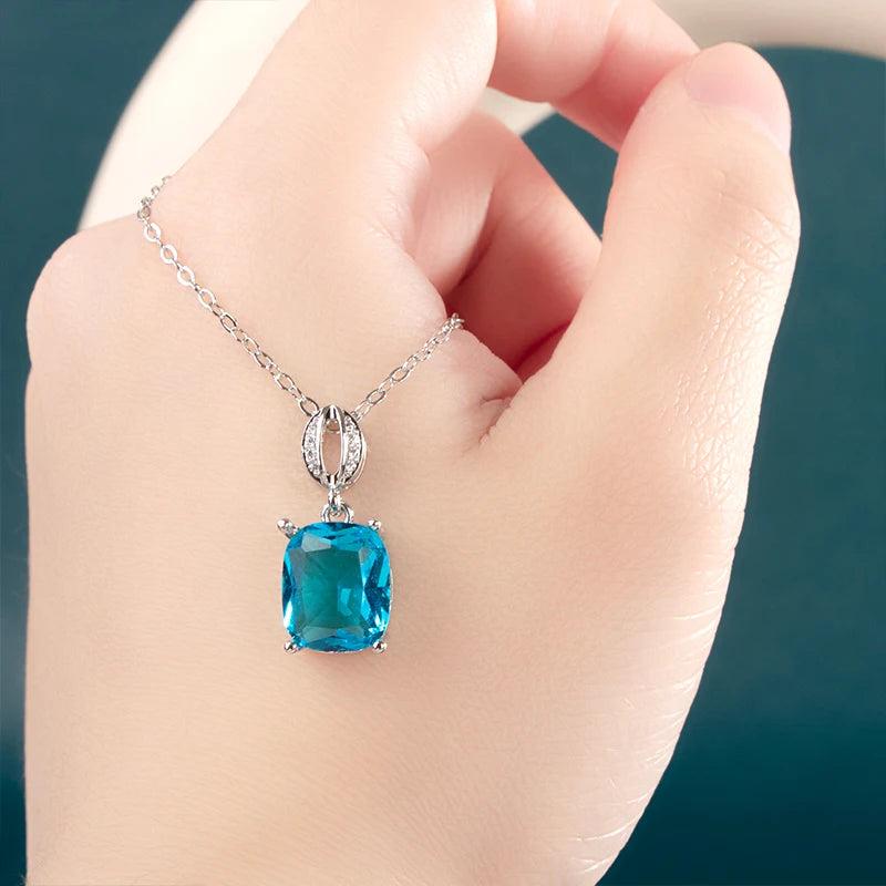 Silver 925 Geometry Gemstone Pendant Aquamarine Necklace