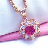14K Rose Gold Plated Ruby Flower Pendant Necklace for Women