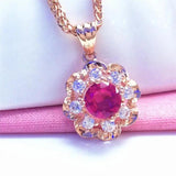 14K Rose Gold Plated Ruby Flower Pendant Necklace for Women