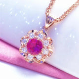 14K Rose Gold Plated Ruby Flower Pendant Necklace for Women