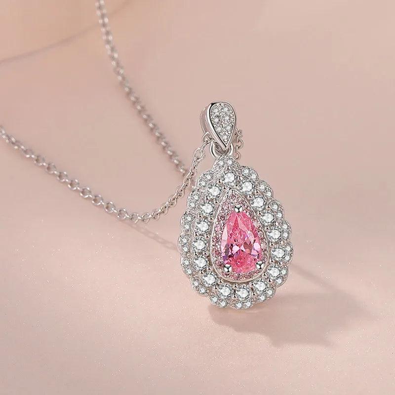925 Silver Crystal Necklace Light Pink Yellow Pendants for Woman