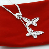 925 Silver Butterfly Pendant Necklace Double Chain Wedding Jewelry