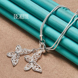 925 Silver Butterfly Pendant Necklace Double Chain Wedding Jewelry