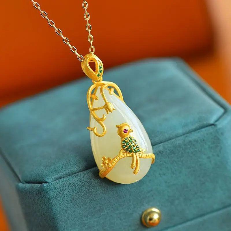 Silver Inlaid Hetian Jade Drop Pendant with Green Crystal Jewelry