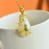Silver Inlaid Hetian Jade Drop Pendant with Green Crystal Jewelry