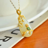 Silver Inlaid Hetian Jade Drop Pendant with Green Crystal Jewelry