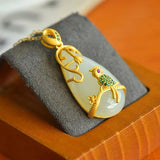 Silver Inlaid Hetian Jade Drop Pendant with Green Crystal Jewelry