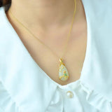 Silver Inlaid Hetian Jade Drop Pendant with Green Crystal Jewelry