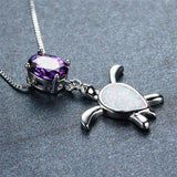 Fire Opal Water Drop Turtle Pendant Necklace Vintage 925 Sterling Silver Chain