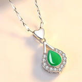 925 Silver Necklace with Emerald Zircon Water Drop Pendant