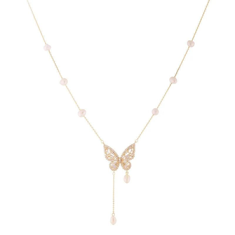 Butterfly Charm Pendant Necklace 14K Plated Chain Pearl Beads