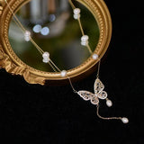 Butterfly Charm Pendant Necklace 14K Plated Chain Pearl Beads