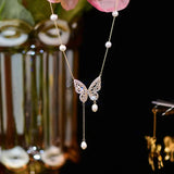 Butterfly Charm Pendant Necklace 14K Plated Chain Pearl Beads