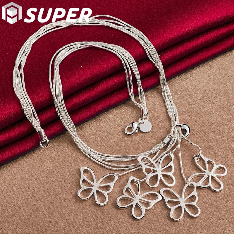 925 Silver 5 Butterfly Snake Chain Necklace for Women