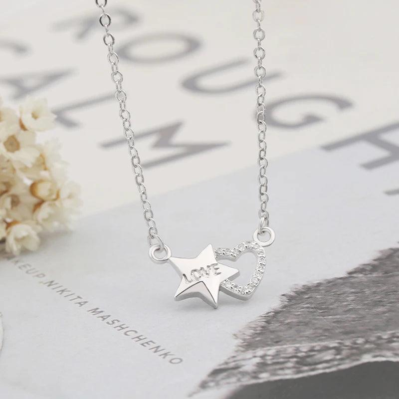 925 Silver Star&Heart Zircon Pendant Necklace Rhinestone Chain Women Jewelry