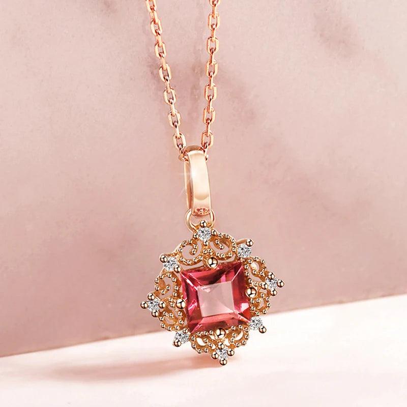 925 Silver Necklace with Square Ruby Zircon Pendant