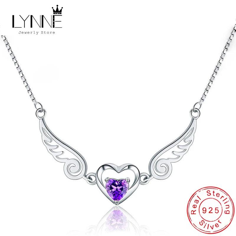925 Silver Angel Wing Zircon Necklace Purple Heart Pendant