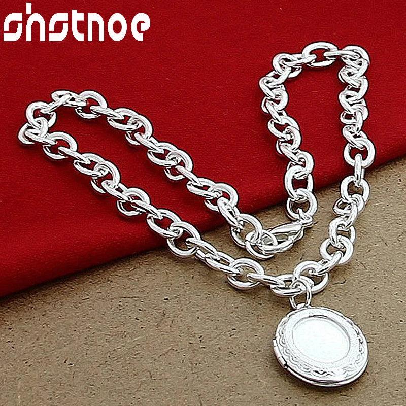 925 Silver Oval Photo Frame Pendant Necklace 18 Inch Chain for Women