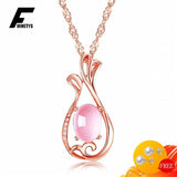 925 Silver Rose Quartz Zircon Flower Pendant Necklace for Women