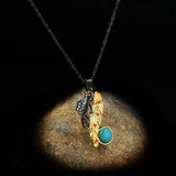 Vintage Jewelry Branch Leaves Inlaid Turquoise Pendant Necklace