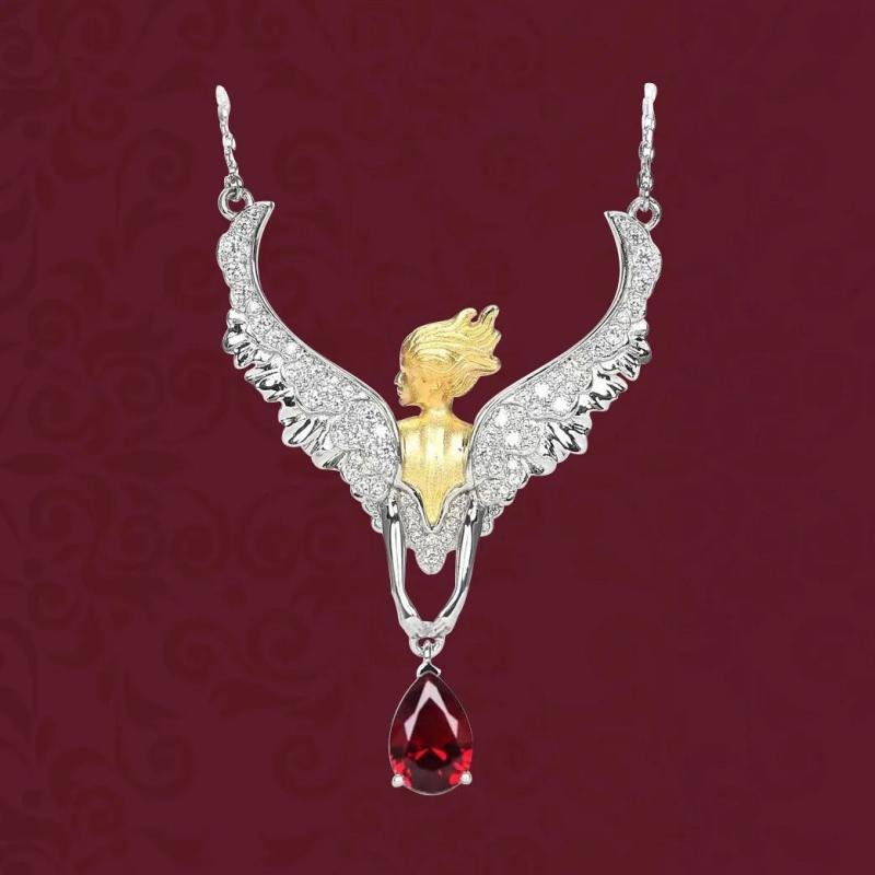 925 Silver Angel Feather Pendant Necklace Red Zircon Vintage Necklaces