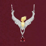925 Silver Angel Feather Pendant Necklace Red Zircon Vintage Necklaces