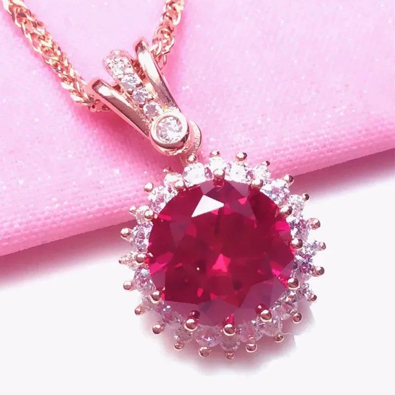Purple Ruby Flower Necklace 14K Rose Pendant Wedding Jewelry