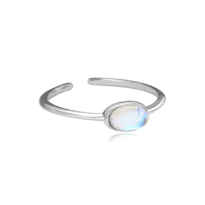 925 Silver Charm Ring Moonstone Oval Minimalist Adjustable Opening Ring