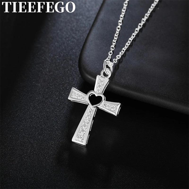 925 Silver Cross Pendant Necklace Crystal Wedding Jewelry