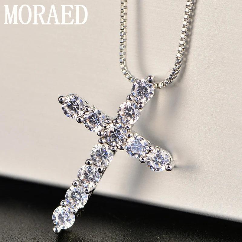 925 Silver Zircon Cross Pendant Necklace for Women