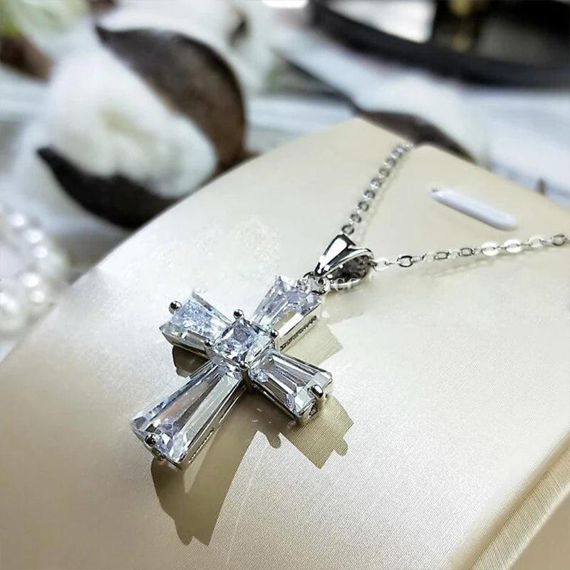 Silver CZ Cross Pendant Necklace Long Chain Wedding Jewelry