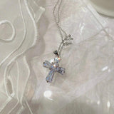 Silver CZ Cross Pendant Necklace Long Chain Wedding Jewelry