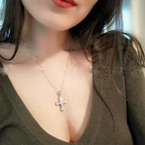 Silver CZ Cross Pendant Necklace Long Chain Wedding Jewelry