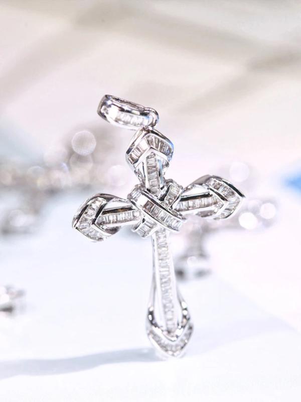 925 Silver Zircon Cross Pendant Necklace Sparkling Wedding Jewelry Gift