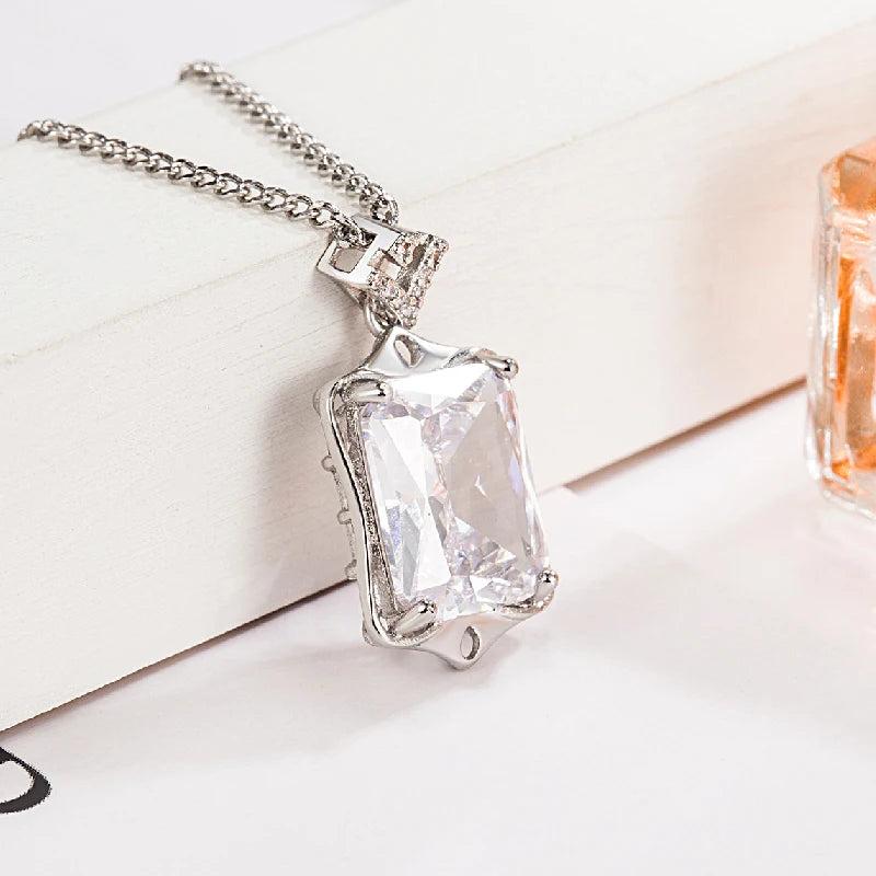 925 Silver Zircon Necklace Rectangle Pendant Bridal Jewelry